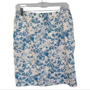 Garnet Hill Blue Floral Cotton Midi Womens 6P Slit Side Zipper Pencil Skirt